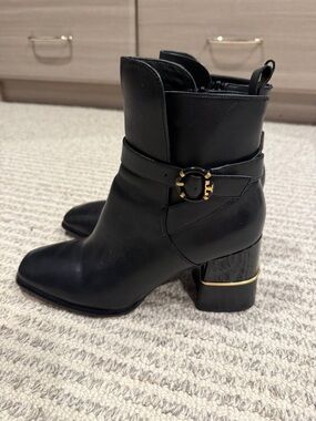 Tory Burch Black Leather Ankle Booties with Gold Ring Detail